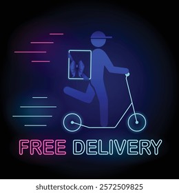 Neon Free Delivery Banner, a delivery man riding scooter with the bag tied with bow and neon text Free Delivery