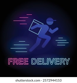 Neon Free Delivery Banner, a delivery man running with bag tied with bow and neon text Freet Delivery