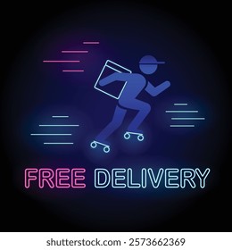 Neon Free Delivery Banner, a delivery man on rollers is hurrying with a bag tied with bow and neon text Free Delivery