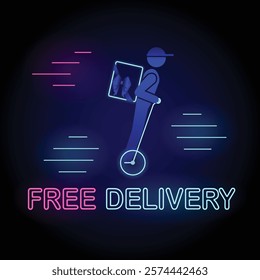 Neon Free Delivery Banner, a delivery man riding Gyro scooter with the bag tied with bow and neon text Free Delivery