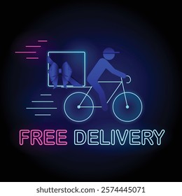 Neon Free Delivery Banner, a delivery man riding bicycle with package tied with bow and neon text Free Delivery