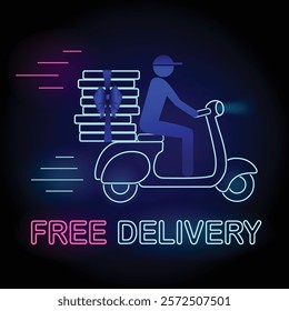 Neon Free Delivery Banner, a pizza delivery man riding motorcycle with pizzas tied with bow and neon text Free Delivery