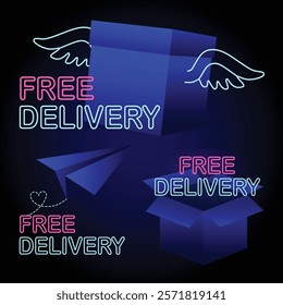 Neon Free Delivery Banner set, Free Delivery plane, Free Delivery package, Free Delivery box with wings