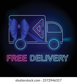 Neon Free Delivery Banner, Delivery truck tied with blue bow, neon arrow button and text Free Delivery