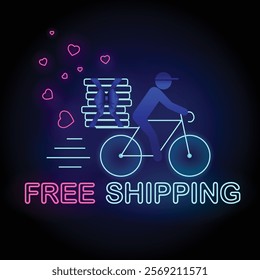 Neon Free Shipping Banner A delivery man on a bicycle with pizzas tied with a bow, a trail of hearts behind the bicycle, and the text Free Shipping