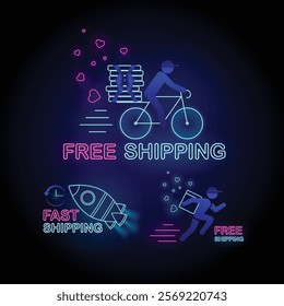 Neon Free Shipping Banner A delivery man on a bicycle with a package, a trail of hearts behind the bike and the text Free Shipping, a running delivery man and space rocket