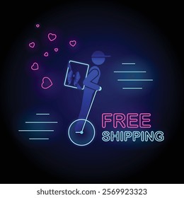 Neon Free Shipping Banner, a delivery man riding a Gyro scooter with beg, trail of hearts behind the scooter and text Free Shipping, perfect for Valentines Day promotion