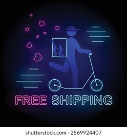 Neon Free Shipping Banner, a delivery man riding a scooter with beg, trail of hearts behind the scooter and text Free Shipping, perfect for Valentines Day promotion