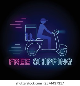 Neon Free Shipping Banner, a delivery man riding motorcycle with package tied with bow and neon text Free Shipping