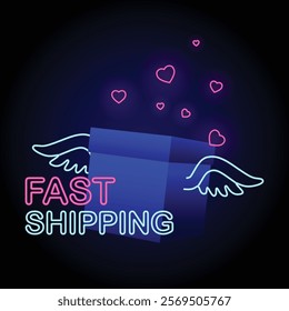 Neon Free Shipping Banner, navy blue box with cupid wings and a trail of neon hearts, text Free Shipping, perfect for Valentines Day promotion