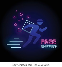 Neon Free Shipping Banner, a running delivery man with a backpack and a trail of hearts behind him, text Free Shipping, perfect for Valentines Day promotion