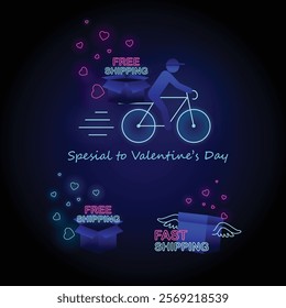 Neon Free Shipping Banner Set A delivery man on a bicycle with a package, a trail of hearts behind the bike and the text Free Shipping, gift box with harts and box with wings