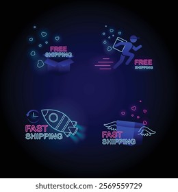 Neon Free Shipping Banner set, running delivery man with bag and trail of hearts behind him, Fast Shipping space rocket, Free Shippin package, Fast Shipping box with wings