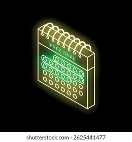 Ícone de calendário de avaliação gratuita Neon brilhando no plano de fundo escuro representando o período de assinatura gratuita