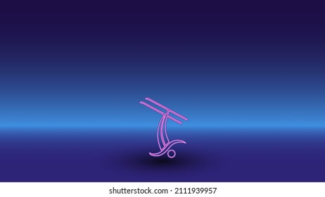 Neon freestyle skiing symbol on a gradient blue background. The isolated symbol is located in the bottom center. Gradient blue with light blue skyline