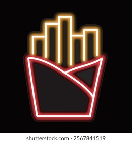 neon french fries isolated on black background. french fries icon with glowing neon lines. Vector illustration.
