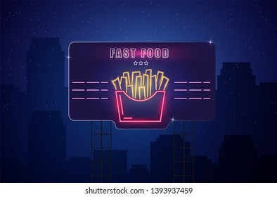 Neon fries Vector poster. Glowing sign dark city background. Fastfood light billboard symbol. Cafe menu items