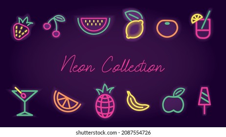 Neon Frucht und Getränke Sammlung. Synthie-Wellenleuchte.