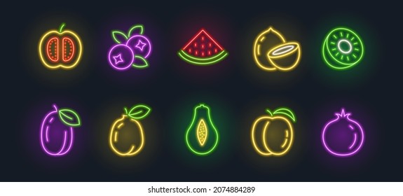 Neon fruit icon lemon peach apple food. Vector neon fruits sign isolated outline berry