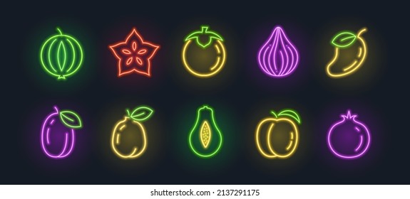 Neon Fruit Icon Mango Guava Fig Food. Vector Neon Fruits Sign Isolated Outline Starfruit Plum