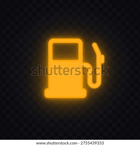 Neon fuel pump icon in bright yellow glowing style. Automotive symbol representing fuel level and refueling need. Perfect for dashboard interface and transport design.