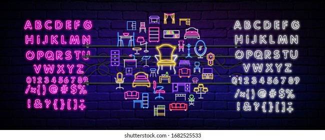 Neon furniture set, isolated on a dark background , table top, table, sofa, cabinets, high chairs , glowing lamps and others. Interior design elements. Neon vector illustration with text.