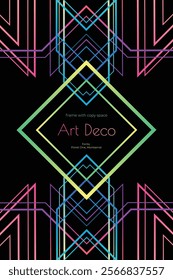 Neon futuristic art deco design. Vintage and modern geometric art deco frame with copy space. Cyberpunk aesthetics.