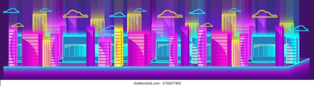 Neon Futuristic Cityscape, editable vector template of wide horizontal banner.Vibrant concept of web background. 