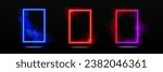 Neon futuristic door frame with glowing and steam effect. Realistic vector illustration set of illuminated blue, red and purple led rectangular portal with fog and sparkles on black background.