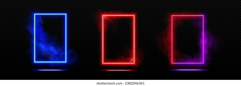 Neon futuristic door frame with glowing and steam effect. Realistic vector illustration set of illuminated blue, red and purple led rectangular portal with fog and sparkles on black background.