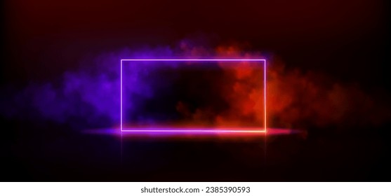 Neon futuristic door frame with luminous and fog. Realistic vector illustration of glowing red and purple gradient led rectangular portal with fog on black background. Laser horizontal border.