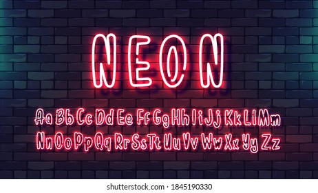 Neon futuristic hand font. Luminous tube alphabet uppercase lowercase letters on a dark brick wall background. Colorful bright drawn typeface for night bright advertising. Vector Illustration. EPS 10