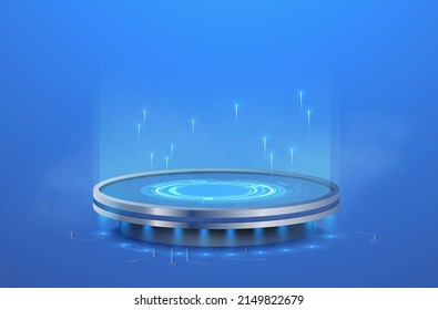 Neon Futuristic Metal Science Podium, Product Presentation Platform.  Pedestal In 3d Futuristic Cyberpunk Style. Background For Industry Scene Display And Sale. Vector Illustration