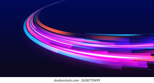 Neon futuristic network technologies on dark background with movement and speed effect. Long exposure, light painting photography. Vector glitter light fire flare trace.	