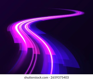 Tecnologías de red futuristas de neón sobre fondo oscuro con efecto de movimiento y velocidad. Exposición prolongada, Fotografía de pintura ligera. Vector brillo luz fuego bengala traza.	