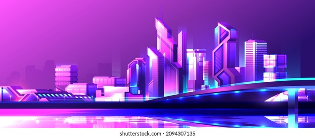 Neon futuristic night city. Widescreen horizontal modern metropolis.