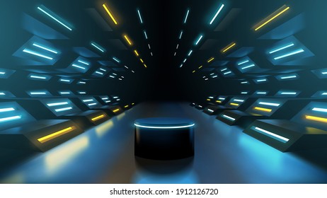 Neon Futuristic Podium Or Platform Scene For Product Presentation, Sci Fi Futuristic Corridor Interior Illustration Realistic Vector