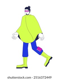 Neon futuristic raincoat man wearing future glasses 2D cartoon character. Techwear guy caucasian walking isolated person flat vector on white background. Futurism fashion. Spot illustration colorful