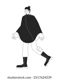 Neon futuristic raincoat man wearing future glasses black and white 2D line character. Techwear guy caucasian walking isolated vector outline person. Futurism fashion. Monochromatic spot illustration