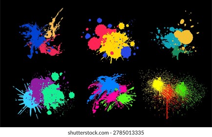 Neon galaxy paint splatters. Cosmic dark background ink splashes. Abstract space spray texturing graphics. Creative vibrant vector blots.