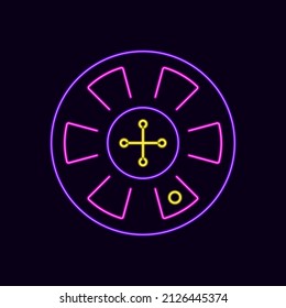 Neon gambling roulette top view. Game wheels in casino with luminous sectors and ball. Round lottery of luck and vector jackpot