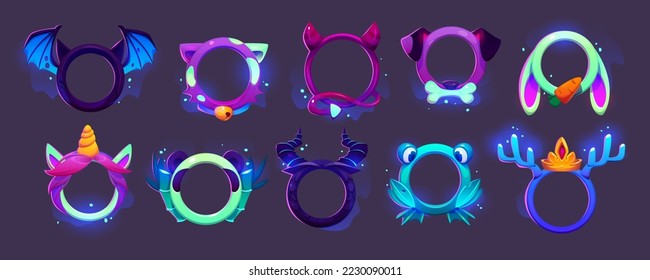 Neon game avatar frames, round gamers animals and fantasy characters borders. Bat, cat, devil, unicorn and dog, rabbit, frog and deer. Cartoon ui personages isolated gui graphic elements Vector set