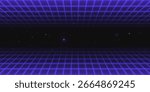 Neon game background with retro grid stretching into star sky for cyberpunk aesthetics. Purple wireframe floor and ceiling - tunnel perspective with glowing stars. Digital space environment for arcade