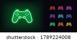 Neon game controller icon. Neon joystick sign, set of wireless gamepad for game console in vivid color. Videogame device, cybersport gadget. Glowing icon, sign, symbol, UI element. Vector illustration