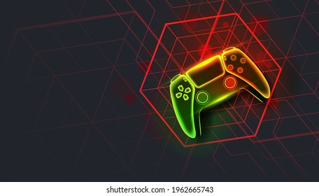 Neon Game Controller Or Joystick For Game Console On Dark Background.