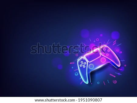 Neon game controller or joystick for game console on blue background.