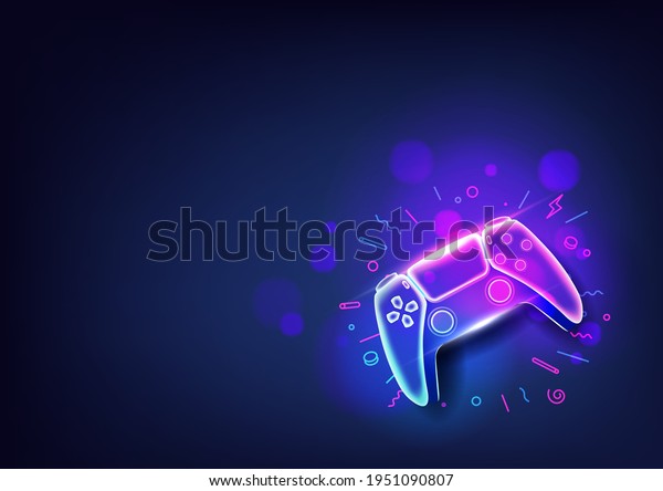 Neon game controller or joystick for game\
console on blue\
background.