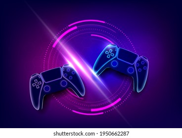 Neon game controllers or joysticks for game console.