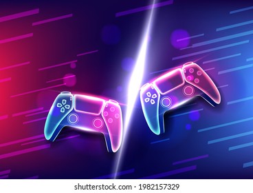 Neon game controllers or joysticks for game console.