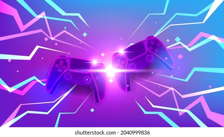 Neon game controllers or joysticks for game console.